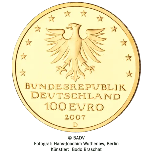 Rückseite Goldmünze 1/2 Unze 100 Euro Deutschland 2007 UNESCO Welterbe - Hansestadt Lübeck, der Hersteller Div. dt. Prägeanstalten