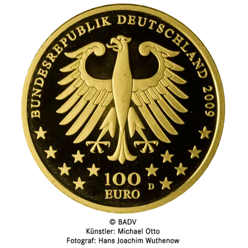 Rückseite Goldmünze 1/2 Unze 100 Euro Deutschland 2009 UNESCO Welterbe - Trier, der Hersteller Div. dt. Prägeanstalten