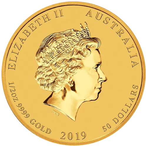 Rückseite Goldmünze 1/2 Unze Lunar II Schwein 2019, der Hersteller Perth Mint Australia