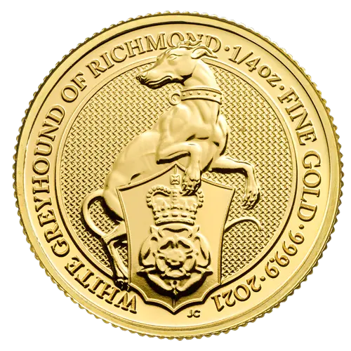 Vorderseite Goldmünze 1/4 Unze The Queen´s Beasts - White Greyhound of Richmond 2021, der Hersteller Royal Mint