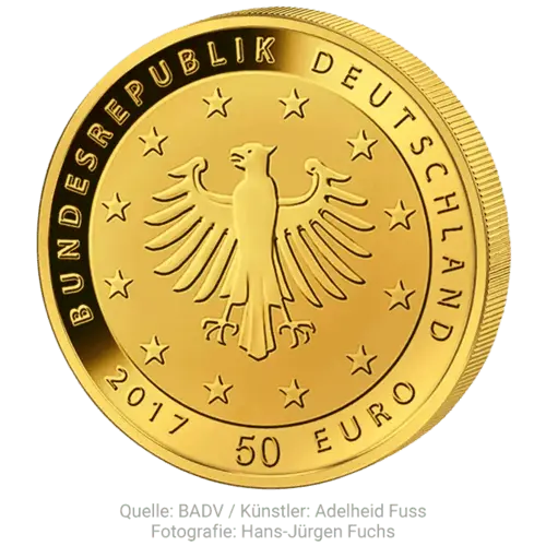 Rückseite Goldmünze 1/4 Unze 50 Euro Lutherrose 2017, der Hersteller Münze Deutschland