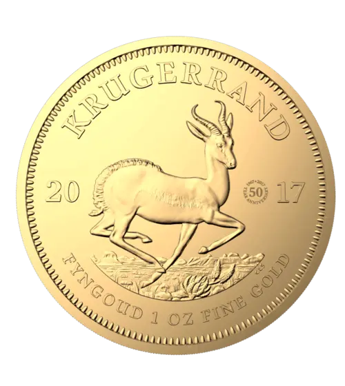 Vorderseite Goldmünze 1 Unze 50 Jahre Krügerrand 2017 Jubiläumsausgabe, der Hersteller South African Mint