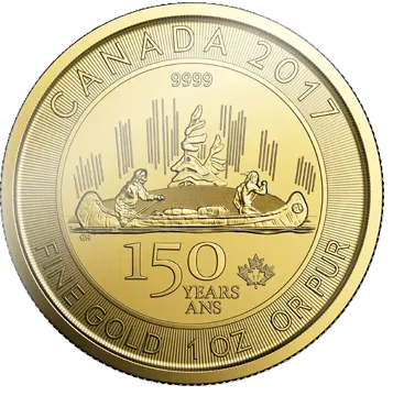 Vorderseite Goldmünze 1 Unze Kanada 150 Jahre Voyageur 2017, der Hersteller Royal Canadian Mint