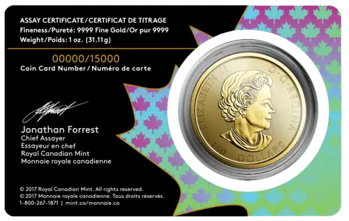 Rückseite Assay Certificate / Prüfungszertifikat Goldmünze 1 Unze Kanada 150 Jahre Voyageur 2017, der Hersteller Royal Canadian Mint