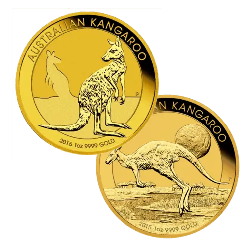 Vorderseite unterschiedlicher Goldmünzen Känguru Australien diverse Jahrgänge, der Hersteller Perth Mint Australia