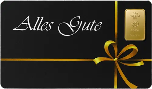 Vorderseite Geschenkgoldbarren FineCard Alles Gute 2,5 Gramm, der Hersteller Heimerle & Meule