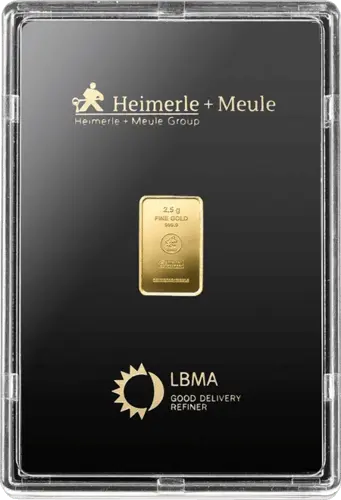 Vorderseite Goldbarren 2,5 Gramm, der Hersteller Heimerle & Meule