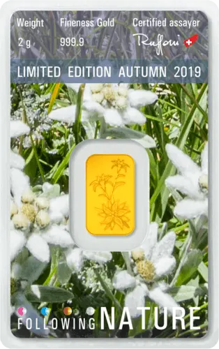 Rückseite Goldbarren Following Nature Limited Edition Autumn 2019 2 Gramm, der Hersteller Argor-Heraeus