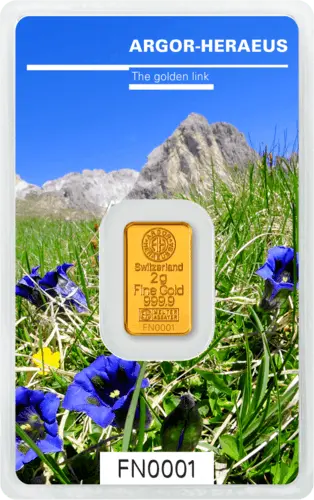 Vorderseite Goldbarren Following Nature Limited Edition Summer 2019 2 Gramm, der Hersteller Argor-Heraeus