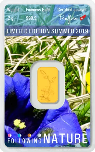 Rückseite Goldbarren Following Nature Limited Edition Summer 2019 2 Gramm, der Hersteller Argor-Heraeus