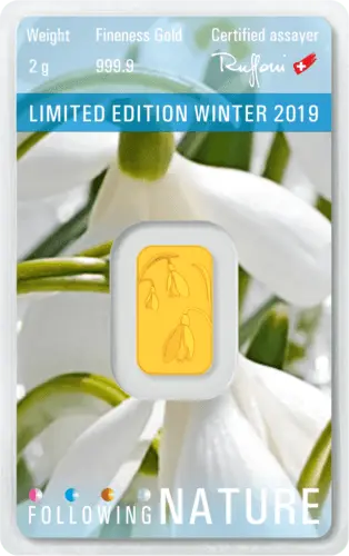 Rückseite Goldbarren Following Nature Limited Edition Winter 2019/20 2 Gramm, der Hersteller Argor-Heraeus