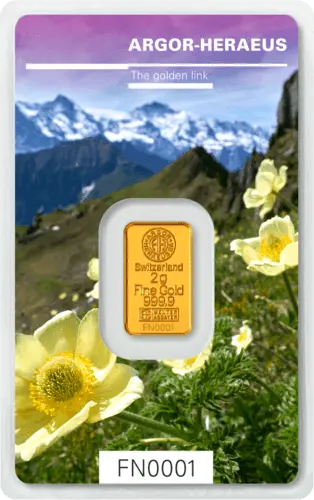 Vorderseite Goldbarren Following Nature Limited Edition Spring 2019 2 Gramm, der Hersteller Argor-Heraeus