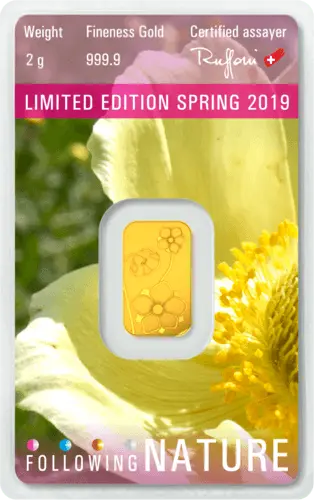 Rückseite Goldbarren Following Nature Limited Edition Spring 2019 2 Gramm, der Hersteller Argor-Heraeus