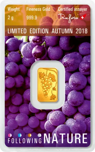 Rückseite Goldbarren Following Nature Limited Edition Autumn 2018 2 Gramm, der Hersteller Argor-Heraeus