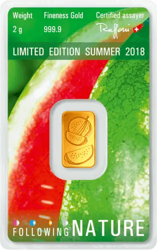 Rückseite Goldbarren Following Nature Limited Edition Summer 2018 2 Gramm, der Hersteller Argor-Heraeus