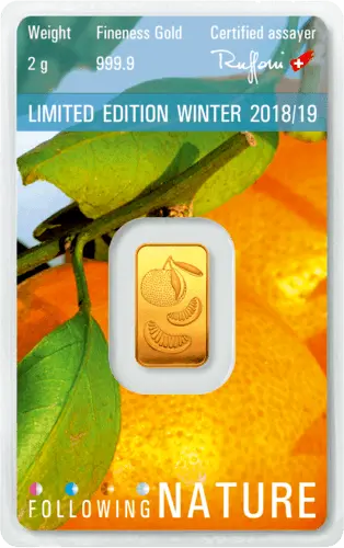 Rückseite Goldbarren Following Nature Limited Edition Winter 2018/19 2 Gramm, der Hersteller Argor-Heraeus