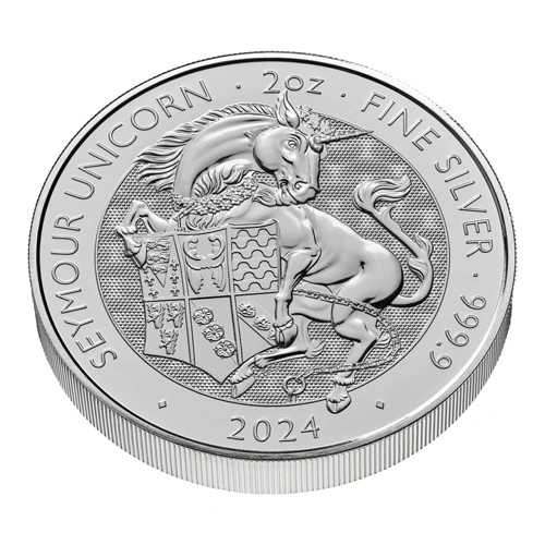 2 Unzen Silber The Royal Tudor Beasts - Seymour Unicorn 2024 mit Rand