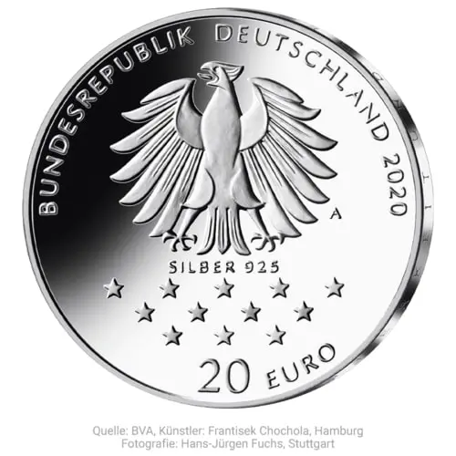 Rückseite der 20 Euro Silber- Gedenkmünze 300. Geburtstag Freiherr von Hersteller Münchhausen 2020 von Münze Deutschl