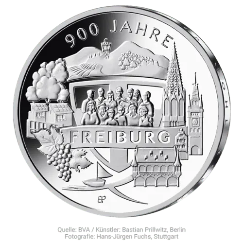 Vorderseite der 20 Euro Silber-Gedenkmünze 900 Jahre Freiburg 2020 von Hersteller Münze Deutschland