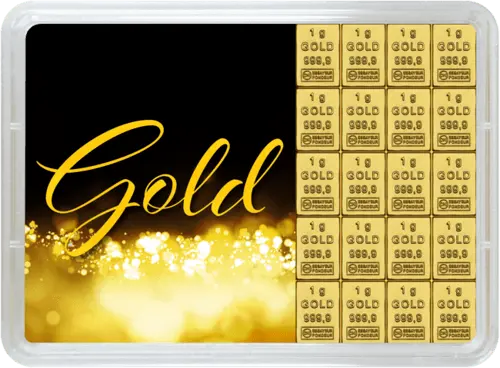 Vorderseite Geschenkgoldbarren Gold statt Geld 20x1 Gramm, der Hersteller Valcambi