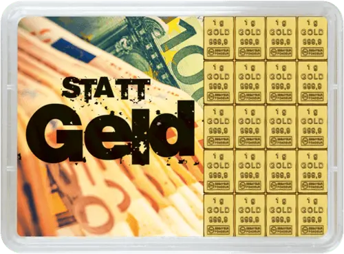 Vorderseite Geschenkgoldbarren Gold statt Geld 20x1 Gramm, der Hersteller Valcambi