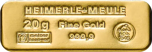 Vorderseite Goldbarren 20 Gramm, der Hersteller Heimerle & Meule