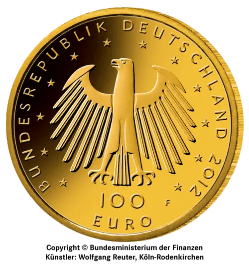 Rückseite Goldmünze 1/2 Unze 100 Euro Deutschland 2012 UNESCO Welterbe - Aachener Dom, der Hersteller Div. dt. Prägeanstalten