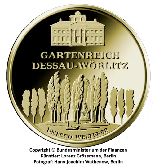 Vorderseite Goldmünze 1/2 Unze 100 Euro Deutschland 2013 UNESCO Welterbe - Gartenreich Dessau-Wörlitz, der Hersteller Div. dt. Prägeanstalten