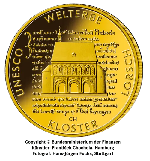 Vorderseite Goldmünze 1/2 Unze 100 Euro Deutschland 2014 UNESCO Welterbe - Kloster Lorsch, der Hersteller Div. dt. Prägeanstalten