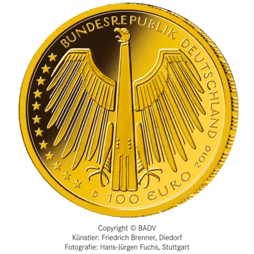 Rückseite Goldmünze 1/2 Unze 100 Euro Deutschland 2016 UNESCO Welterbe - Regensburg, der Hersteller Div. dt. Prägeanstalten