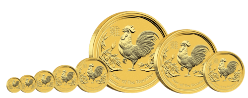 Vorderseite von der Gruppe der Goldmünzen 1/10 Unze Lunar II Hahn 2017, der Hersteller Perth Mint Australia