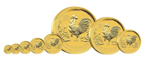 Vorderseite von der Gruppe der Goldmünzen 1/10 Unze Lunar II Hahn 2017, der Hersteller Perth Mint Australia