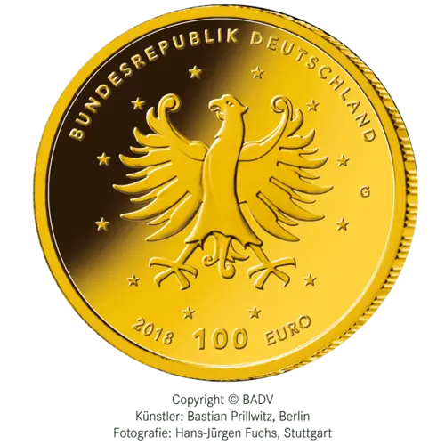 Rückseite Goldmünze 1/2 Unze 100 Euro Deutschland 2018 UNESCO Welterbe - Augustusburg und Falkenlust, der Hersteller Div. dt. Prägeanstalten