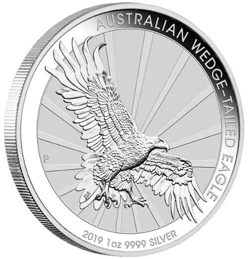 Vorderseite und Rand der 1 Unze Silber Wedge Tailed Eagle 2019 von Hersteller Perth Mint