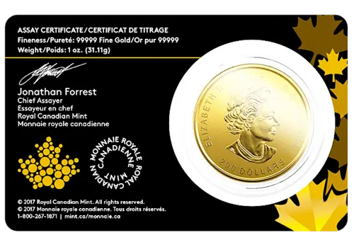 Rückseite Assay Certificate / Prüfungszertifkat für Goldmünze 1 Unze Kanada Elch 2019