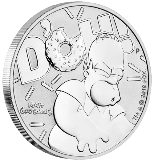 Seitenansicht  der 1 Unze Silber The Simpsons Homer Simpson 2019 von Hersteller Perth Mint