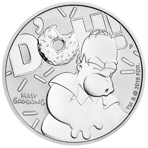 Vorderseite der 1 Unze Silber The Simpsons Homer Simpson 2019 von Hersteller Perth Mint