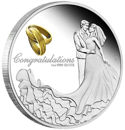 Seitenansicht der 1 Unze Silber Hochzeitsmünze 2019 - Polierte Platte von Hersteller Perth Mint