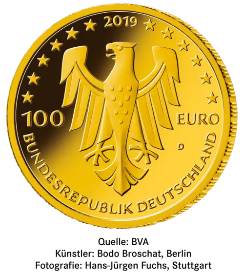 Rückseite Goldmünze 1/2 Unze 100 Euro Deutschland 2019 UNESCO Welterbe - Dom zu Speyer, der Hersteller Div. dt. Prägeanstalten