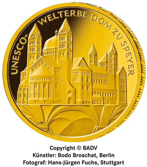 Vorderseite Goldmünze 1/2 Unze 100 Euro Deutschland 2019 UNESCO Welterbe - Dom zu Speyer, der Hersteller Div. dt. Prägeanstalten