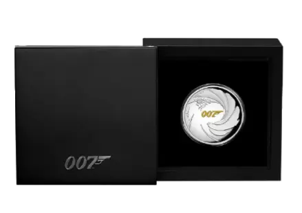 Vorderseite 1 Unze Silber 007 James Bond 2020 - Polierte Platte / High Relief mit schwarzer Verpackung, von dem Hersteller Perth Mint