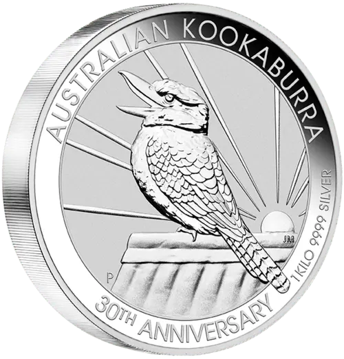 Vorderseite und Rand der  1 kg Silber Kookaburra 2020 von Hersteller  Perth Mint