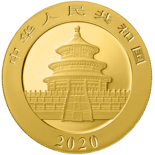 Rückseite Goldmünze 30 Gramm China Panda 2020, der Hersteller China Mint / China Gold Coin Inc./ Shanghai Mint 