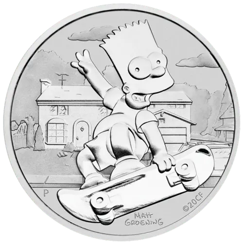 Vorderseite der 1 Unze Silber The Simpsons Bart Simpson 2020 von Hersteller Perth Mint