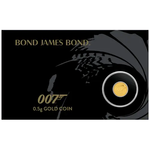 Vorderseite Goldmünze 0,5 Gramm 007 James Bond 2020 in spezieller Blisterkarte mit Zertifikat, der Hersteller Perth Mint Australia