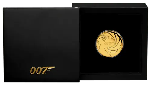 Vorderseite Goldmünze 1/4 Unze 007 James Bond 2020 - Polierte Platte im Münzetui, Münzkapsel, inkl. Echtheitszertifikat, der Hersteller Perth Mint Australia