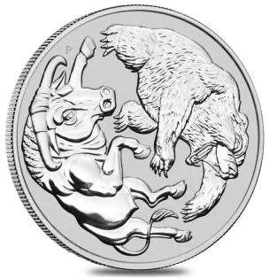 Vorderseite der 1 Unze Silber Bulle und Bär 2020 von Hersteller Perth Mint 