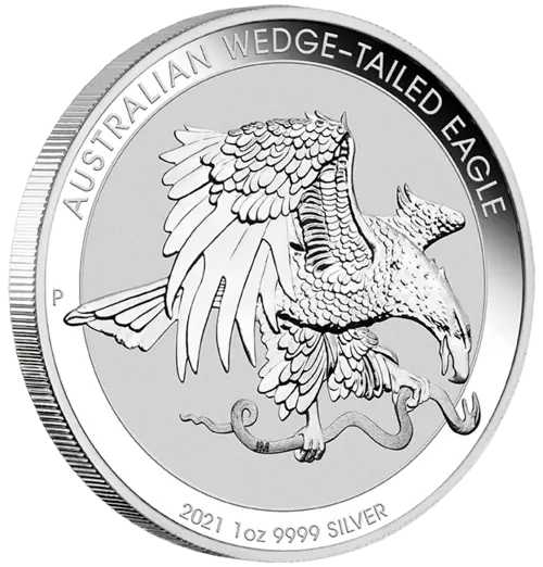 Vorderseite und Rand der 1 Unze Silber Wedge-tailed Eagle 2021 von Hersteller Perth Mint