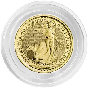 Vorderseite Goldmünze 1/10 Unze Britannia 2023 Elizabeth II. in Kapsel, der Hersteller Royal Mint