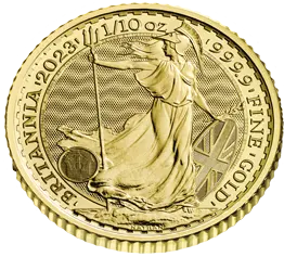 Obenansicht Vorderseite Goldmünze 1/10 Unze Britannia 2023 Elizabeth II., der Hersteller Royal Mint